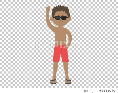 サングラスを掛けて片手を上げる水着男性のイラストのイラスト素材