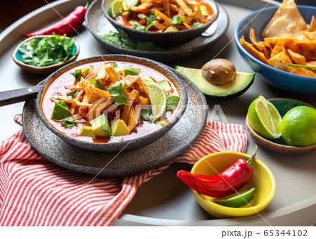 Aztec soup. Close up of mexican tortilla soup Sopa Azteca 65344102