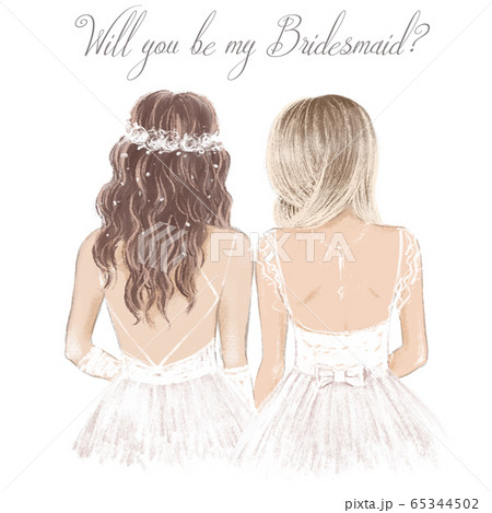 Bride and bridesmaid side by side in white, wedding invitation. Hand drawn illustration in vintage 65344502