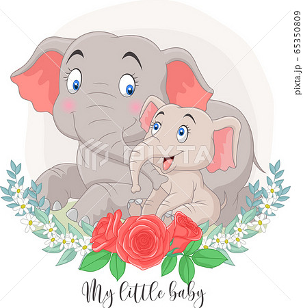 Cartoon Mother and baby elephant sitting with flowers background 65350809