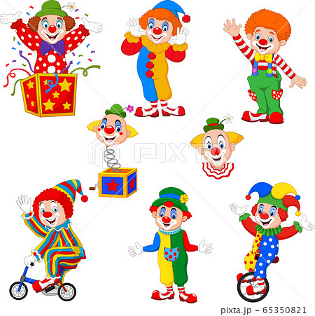 Set Of Cartoon Happy Clowns In Different Posesのイラスト素材