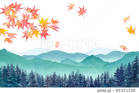 霧の山々と紅葉のパノラマ風景 水彩イラストのイラスト素材