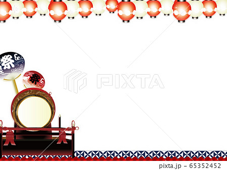 夏祭り大太鼓に紅白の輝く提灯と祭りのうちわのイラスト横スタイル背景素材のイラスト素材