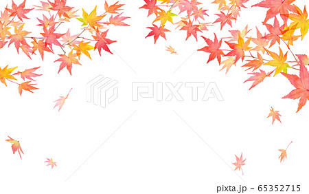 赤く色づいた秋の紅葉の枝と落葉 水彩イラスト アーチ型フレームデザイン のイラスト素材