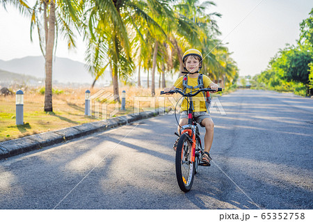 Active school kid boy in safety helmet riding a bike with backpack on sunny day. Happy child biking 65352758