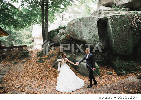 Beautiful young woman bride holds the hand of a man on the background of the mountains. Follow me Beautiful young woman bride holds the hand of a man on the background of the mountains. Follow me 65355207