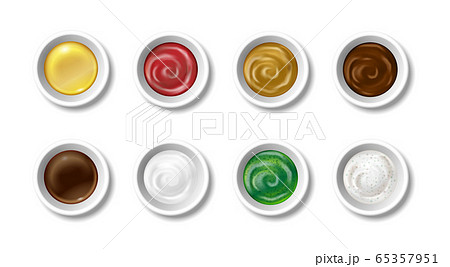 Set of realistic sauces in caps. Olive oil, soy sauce, pesto, mayonnaise, mustard, chocolate and tomato ketchup. Ceramic caps top view. Ingredients for salads and cooking food isolated. Vector Set of realistic sauces in caps. Olive oil, soy sauce, pesto, mayonnaise, mustard, chocolate and tomato ketchup. Ceramic caps top view. Ingredients for salads and cooking food isolated. Vector 65357951
