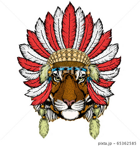 Tiger portrait. Wild cat head. Indian headdress with feathers. Boho style. 65362585
