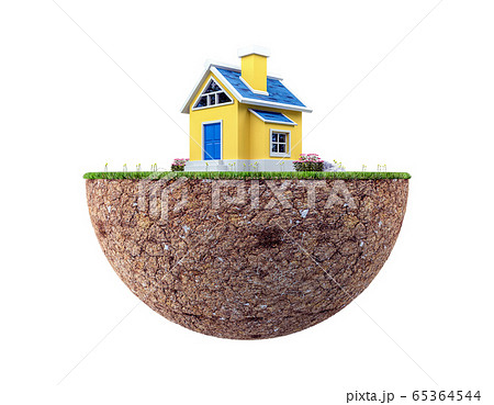 Floating land with small house and lawn isolated on white background, 3d rendering 65364544