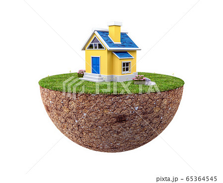 Floating land with small house and lawn isolated on white background, 3d rendering Floating land with small house and lawn isolated on white background, 3d rendering 65364545