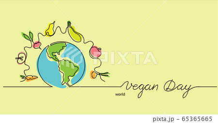 World vegan day hand drawn vector illustration. Vegetarian color background,border with planet, vegetables and fruits.One continuous line drawing. Vegan day lettering 65365665