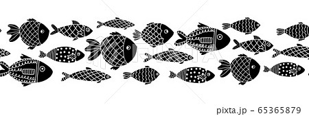 Monochrome fishes seamless vector border. Black on white doodle fish line art. Ocean animals 65365879