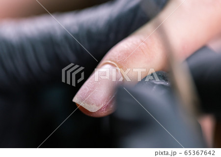 Process manicure close-up. Preparation for hardware manicure. Beautician in rubber gloves cuts the cuticle and processes nails. 65367642