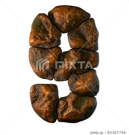 Rocky number 9. Font of stone isolated on white background. 3d 65367756