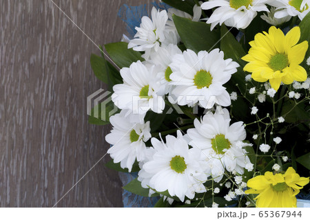 Bouquet of daisies close-up on a brown background. Flat lay banner. Top view 65367944