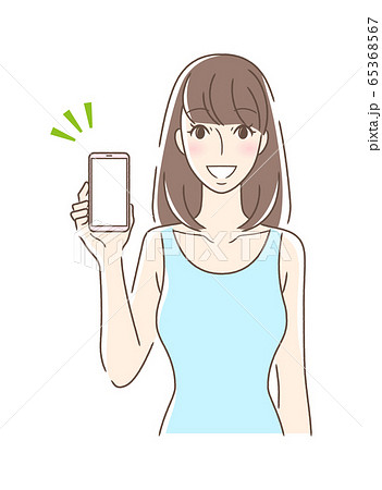 笑顔でスマホの画面を見せる正面向きの女性のイラスト素材