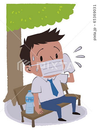 木陰で休憩するマスクをつけたビジネスマンと太陽 熱中症のイラスト素材