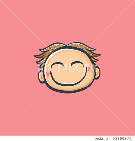 Cartoon cute hand drawn funny boy face isolated on pink background, Cartoon happy children with funny hair. 1 june international childrens day background with little smiling baby boy icon or label 65369370
