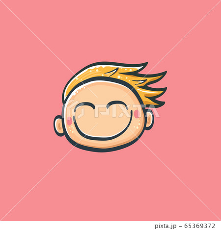 Cartoon cute hand drawn funny boy face isolated on pink background, Cartoon happy children with funny hair. 1 june international childrens day background with little smiling baby boy icon or label 65369372