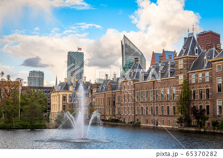 Binnenhof palace complex with pond and fountain in 65370282