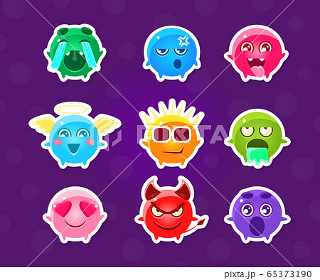 Cute Funny Monsters Stickers with Different Emotions Collection, Little Colorful Emoticons Cartoon Characters Vector Illustration 65373190