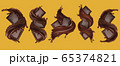 Chocolate bar with splashing and chocolate liquid. Pieces of chocolate, with drops. 3d illustration 65374821
