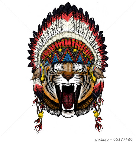 Tiger portrait. Wild cat head. Indian traditional headdress. 65377430