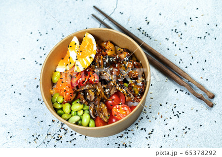 Poke bowl with moshroom, rice, agg and vegetables Poke bowl with moshroom, rice, agg and vegetables 65378292