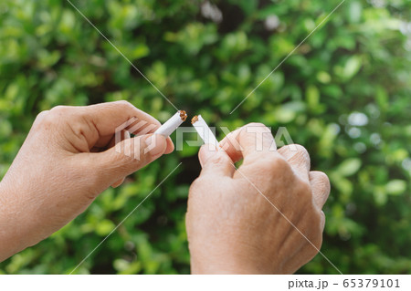 Quit smoking, no tobacco day, mother hands breaking the cigarette 65379101
