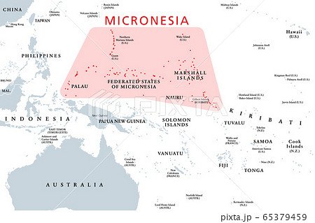 Micronesia, subregion of Oceania, political map. Composed of thousands of small islands in western Pacific Ocean next to Polynesia and Melanesia. English. Illustration on white background. Vector. 65379459