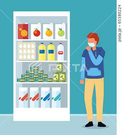 Young couhging man wearing face medical mask cough near shelves with food in supermarket Young couhging man wearing face medical mask cough near shelves with food in supermarket 65380224