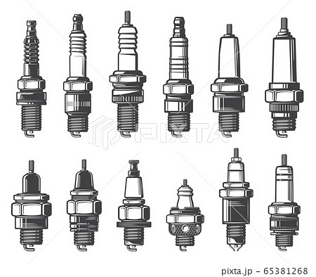 Car spark plugs types, isolated vector icons 65381268