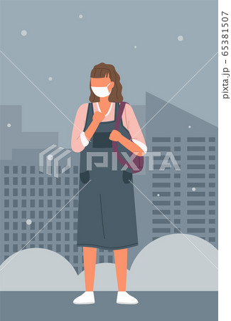 Illustration of woman wearing face medical mask standing at city background, viral pandemic Illustration of woman wearing face medical mask standing at city background, viral pandemic 65381507