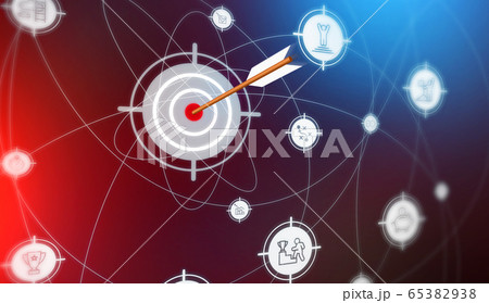 Achieving goals. Illustration with arrow hitting target on color gradient background with business related icons 65382938