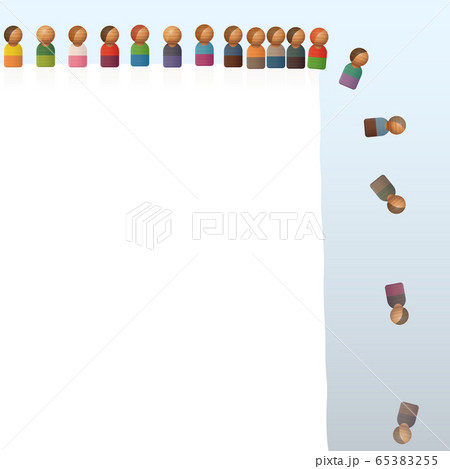 Lemming like toy figures jumping off a cliff. Many people do the same thing as someone else even though it may be stupid, harmful, or dangerous. Vector illustration. 65383255