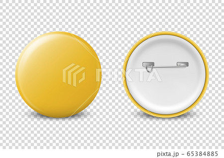 Vector 3d Realistic Yellow Metal, Plastic Blank Button Badge Icon Set Isolated on Transparent Background. Front and Back Side View. Template for Branding Identity, Logo, Presentations. Mock-up 65384885