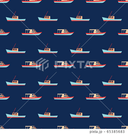 Cute sea pattern with pink fishing or sailing boat drawings. Colorful kid style. Marine illustration 65385683
