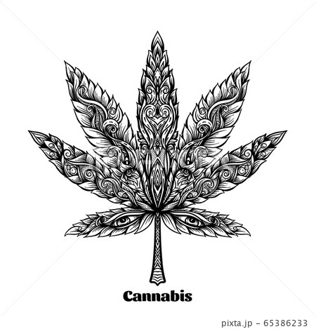 Cannabis leaf decorated with original modern pattern. 65386233