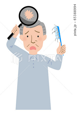 櫛を持って,髪の薄毛に悩むおじいちゃんのベクターイラスト 65388994
