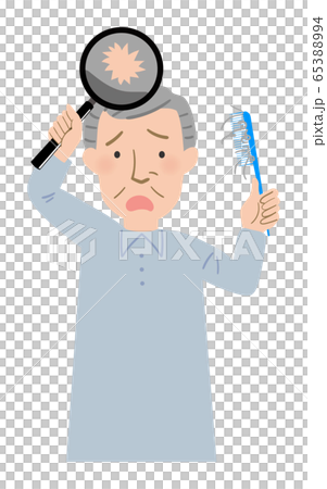櫛を持って,髪の薄毛に悩むおじいちゃんのベクターイラスト 65388994