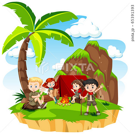 Group of kids camping in nature 65391393