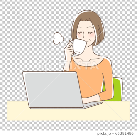 A woman drinking coffee in front of a computer A woman drinking coffee in front of a computer 65391496