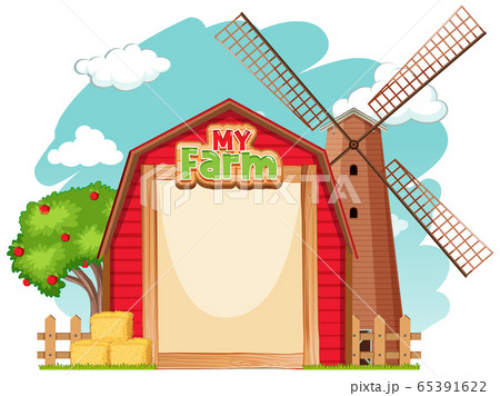 Border template design with red barn and windmill Border template design with red barn and windmill 65391622
