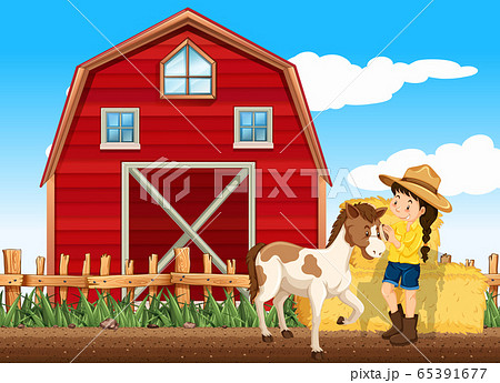 Farm scene with girl and horse on the farm Farm scene with girl and horse on the farm 65391677