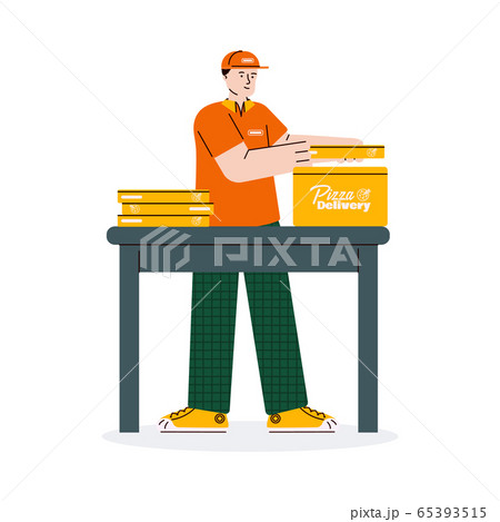 Courier man assembling pizza delivery order into one box pack 65393515