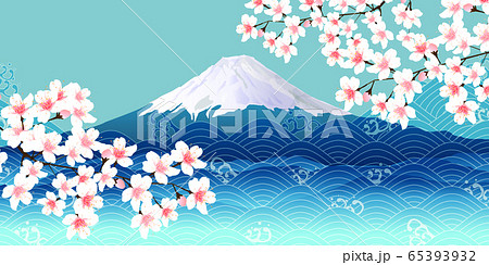 富士山 海 桜 背景のイラスト素材