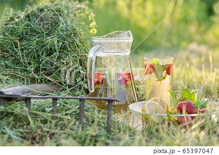 Summer refreshing natural homemade drinks, jug and glass of herbal tea with strawberries mint lemon on the grass Summer refreshing natural homemade drinks, jug and glass of herbal tea with strawberries mint lemon on the grass 65397047
