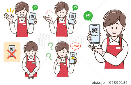 スマホ決済の案内をするエプロンの女性_セット 65399185