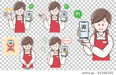 スマホ決済の案内をするエプロンの女性_セット 65399185