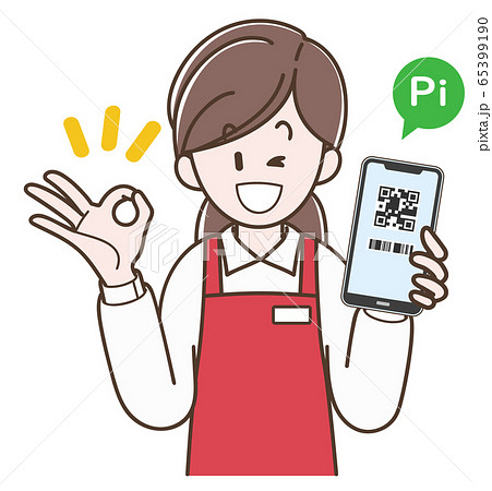 スマホ決済の案内をするエプロンの女性 65399190